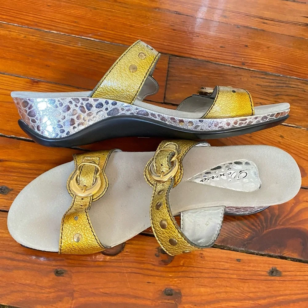 Retro Gold & Silver Wedge Sandals With Buckles Size 11 Made in the USA